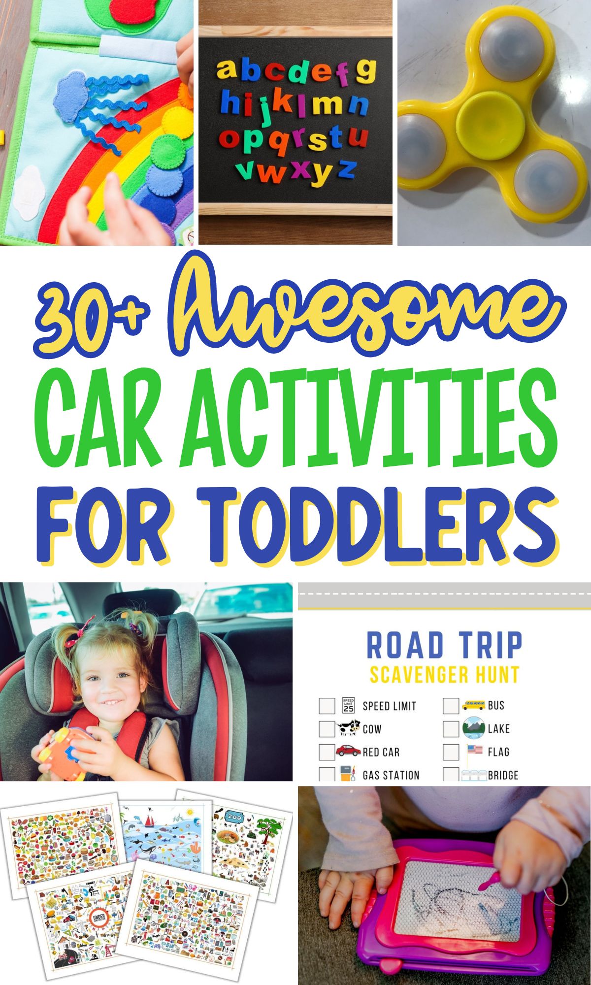Image graphic with text that reads "30+ Awesome Car Activities for Toddlers" and a collage of activity ideas.