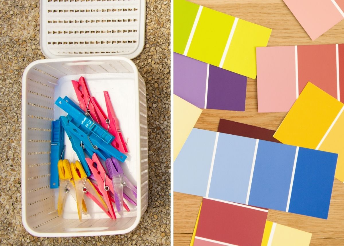 Image collage with two pictures of colored clothespins and different colored paint swatches.