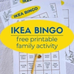 Pinterest image with text: IKEA Bingo free printable family activity