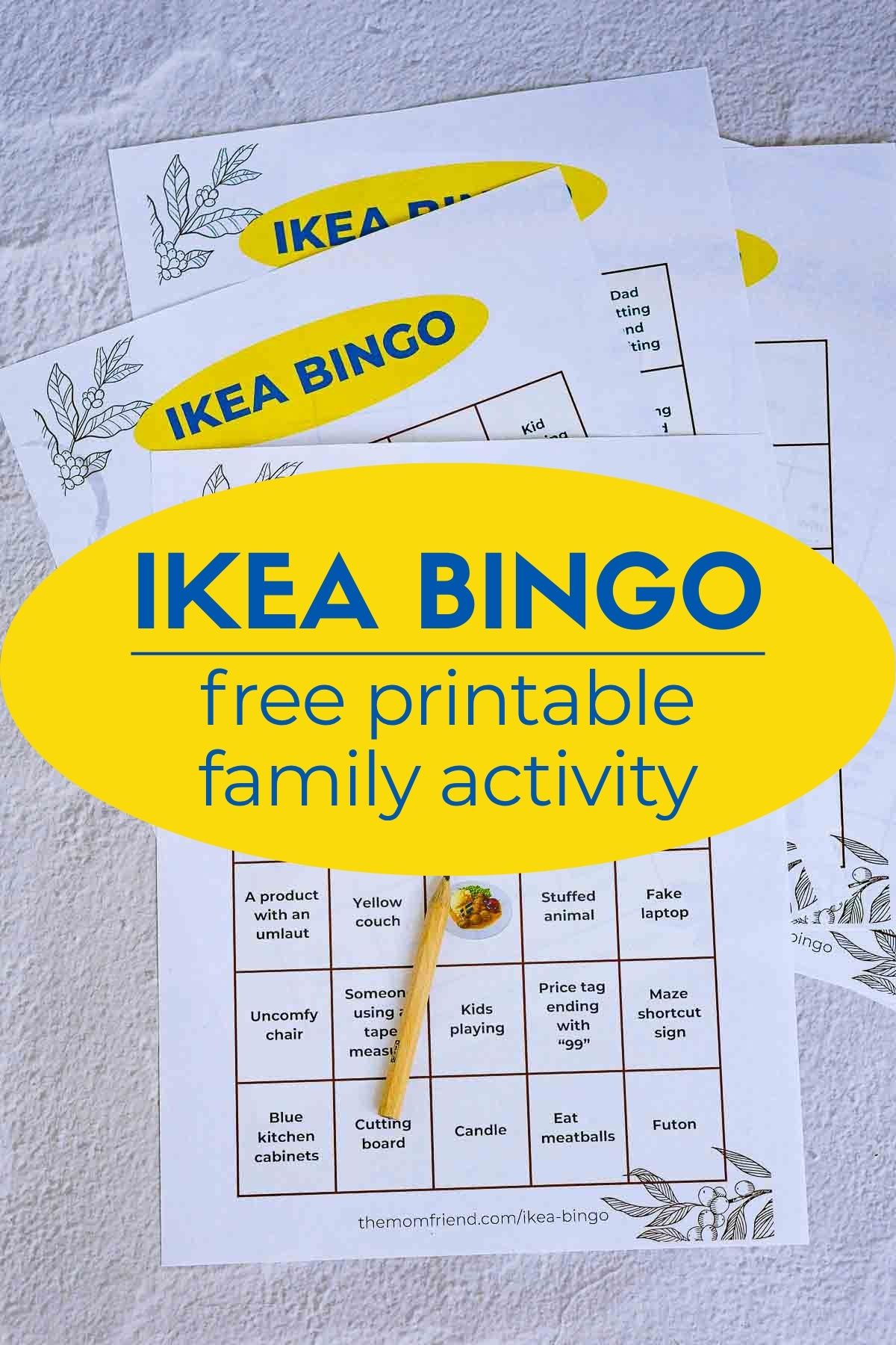 Pinterest image with text: IKEA Bingo free printable family activity